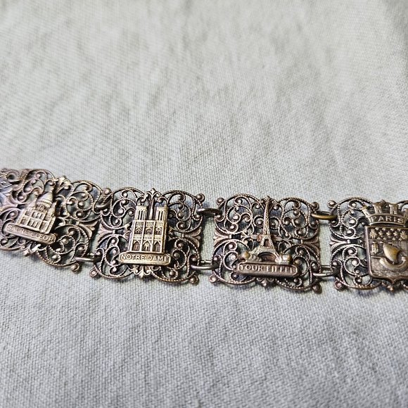 Vintage Paris France Silver Plated Filigree Panel Link Souvenir Bracelet 40s 50s - Picture 4 of 7